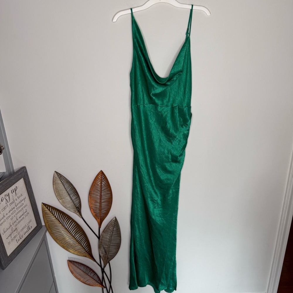 C19 Hello Molly Green Satin Strap‎ Front Slit Dress